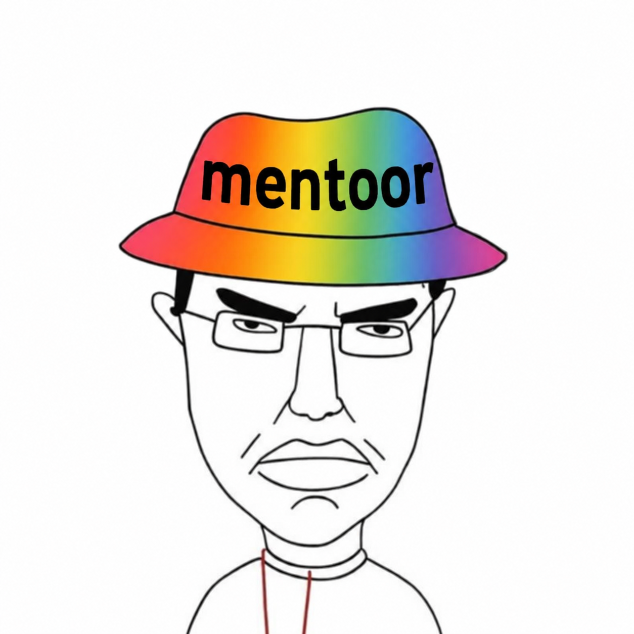 the mentoor mascot — a frowning man in glasses wearing a rainbow mentoor bucket hat